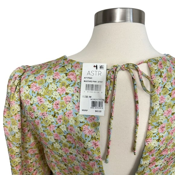 New ASTR Medium Ditsy Mustard Pink Floral Cutout Ruffle Puff Long Sleeve Blouse - Picture 6 of 9